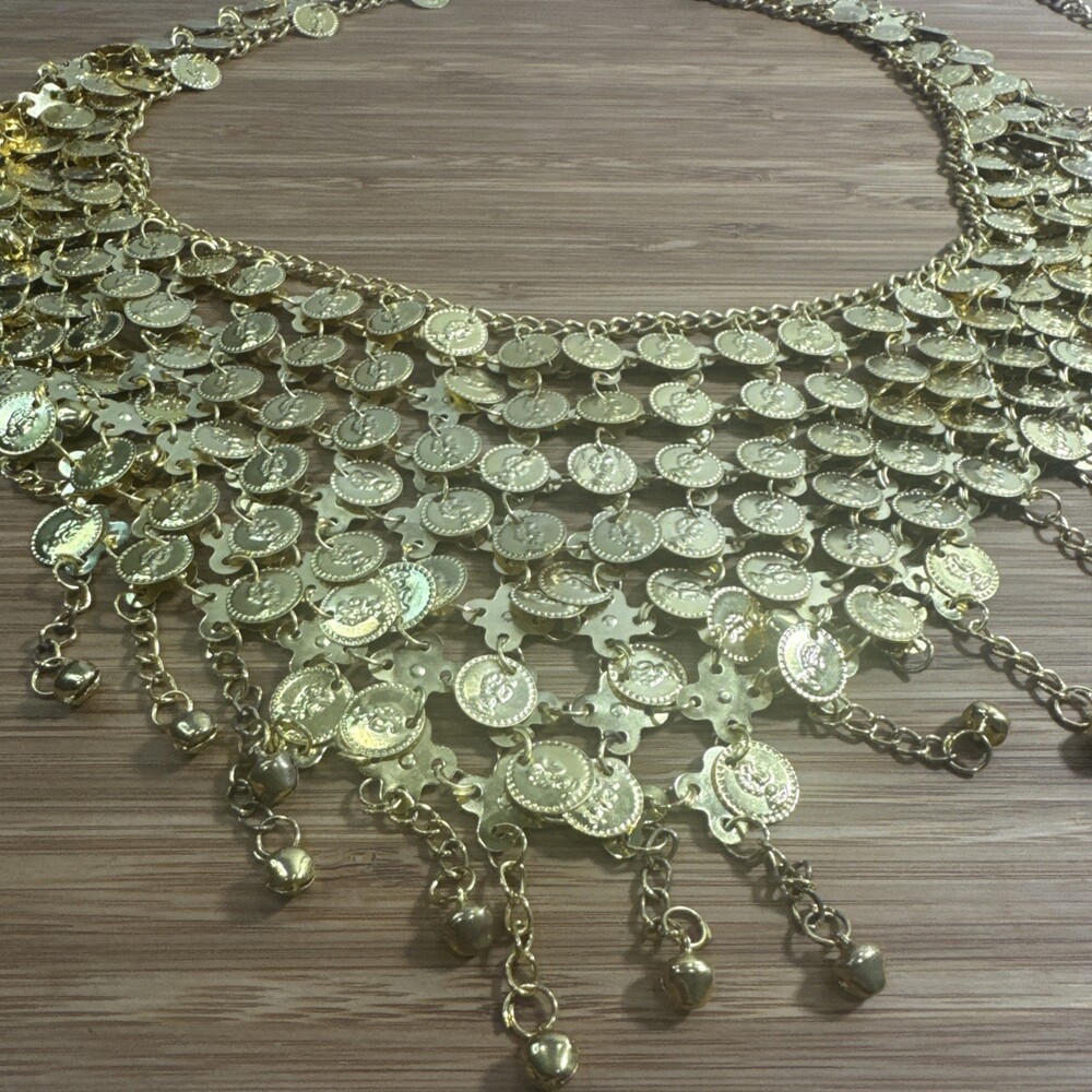 Gold Coin Belly Dance Necklace Tassel Bells Costume Jewelry Accessory for Women